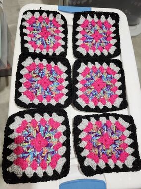 Handmade Multicolor Crochet Pink, black Granny Squares - Set of 6  #9/10